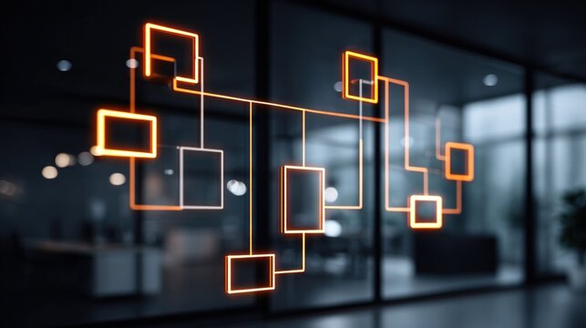 Abstract glowing orange network diagram projected onto a modern office window at night