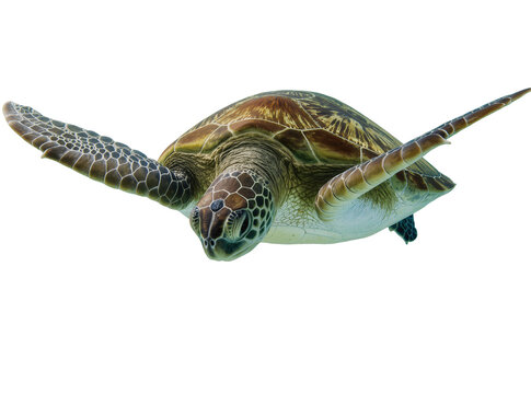 Isolated green sea turtle swimming gracefully underwater, tropical marine animal wildlife portrait