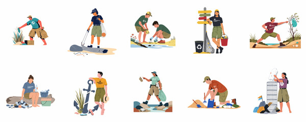 Fototapeta premium Illustrations of diverse environmental volunteers performing beach cleanup tasks like picking up plastic litter, sorting trash, and monitoring pollution to protect coastal ecosystems.
