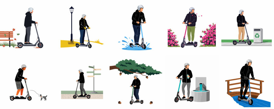 Flat vector illustration set of a young man wearing a helmet and riding an electric kick scooter in different outdoor park environments.