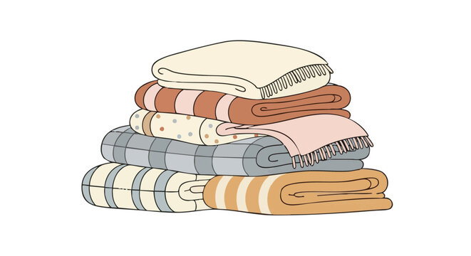 Cozy stack of folded blankets. Hand drawn vector illustration of home comfort, warmth, and hygge concept