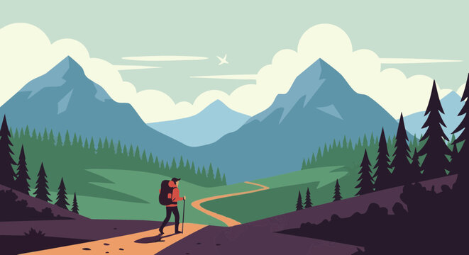 Hiker walking a winding path in a serene mountain forest landscape under blue sky with clouds