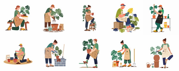 Naklejka premium Collection of diverse people caring for Monstera houseplants through activities like potting, pruning, and watering in a clean flat vector illustration style.