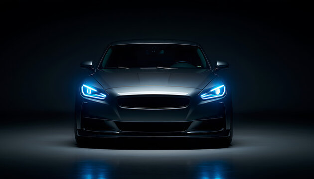 Frontal view of a modern luxury silver car with bright blue LED headlights on a dark background in a professional studio setting.