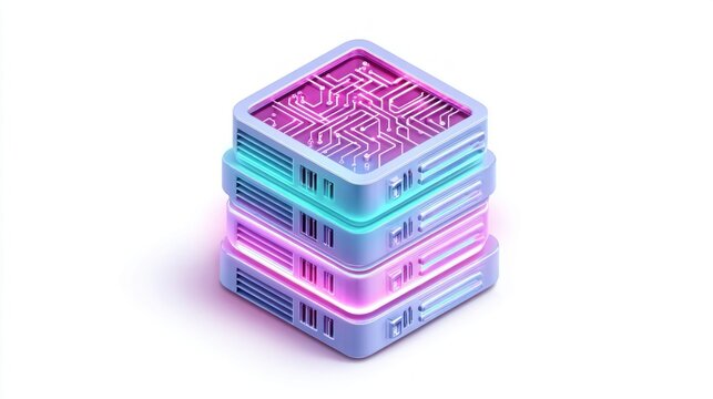 Futuristic server stack with glowing neon lights and circuit board patterns