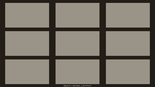 Minimalist 3x3 grid layout with nine rectangular placeholder frames in neutral taupe and dark brown
