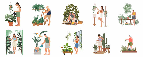 Naklejka premium Collection of illustrations showing people of various ages caring for houseplants including watering, misting, and potting, isolated on a white background.