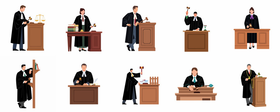 Diverse collection of male and female judge characters in black robes holding gavels and standing at courtroom benches for law and justice concepts.
