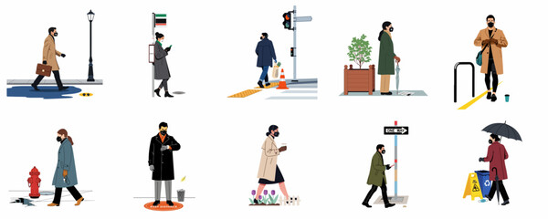 Flat vector illustration set of people wearing face masks and practicing social distancing in an urban city environment during a pandemic.