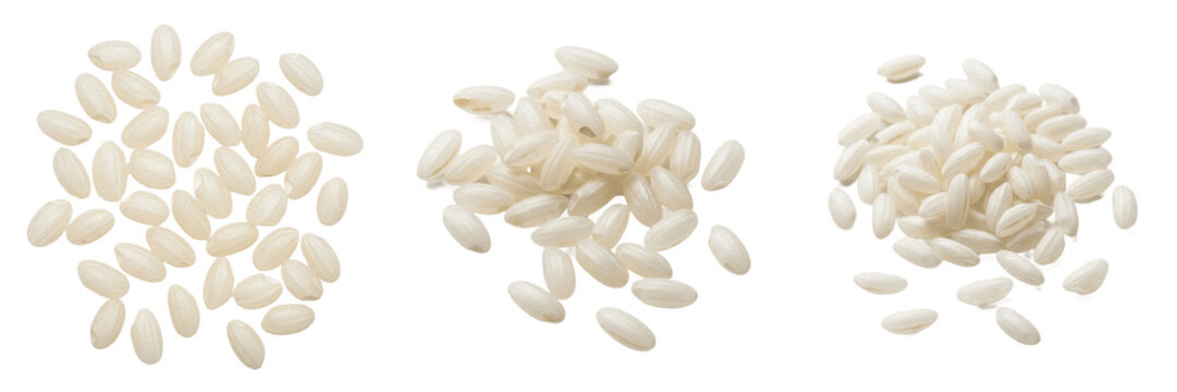 Italian arborio rice grains Oryza sativa japonica risotto rice short grain Italy riso arborio raw uncooked зерна ориз isolated on white background studio shot