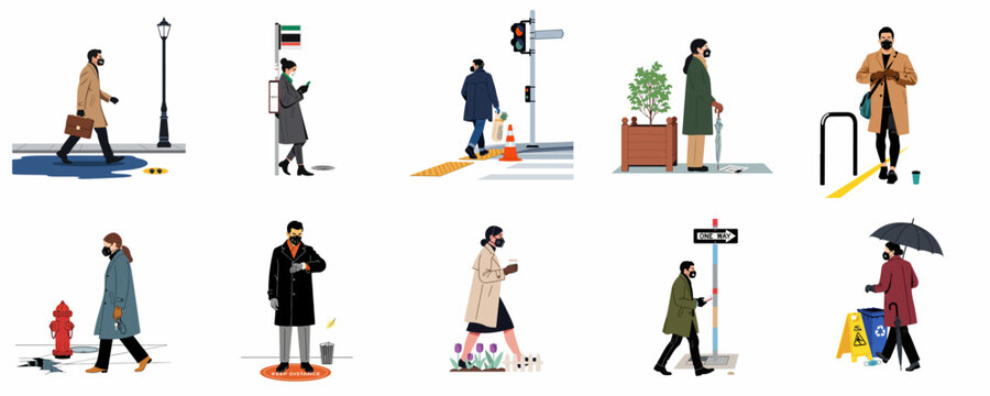 Flat vector illustration set of people wearing face masks and practicing social distancing in an urban city environment during a pandemic.