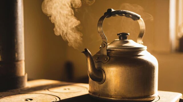 Boiling metal kettle with spout over woodstove heat, emitting steam growing curling left by window