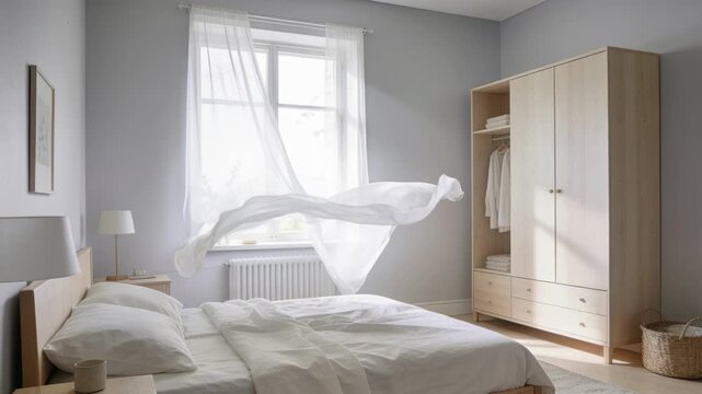 Billowing white fabric lifted by breeze from window moving across bedroom, looping over double bed