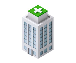 Fototapeta premium Hospital building displaying green medical cross on transparent background PNG