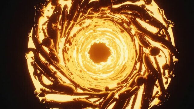 Rotating molten vortex around luminous core forming initial spiral in dark void, droplets rejoining