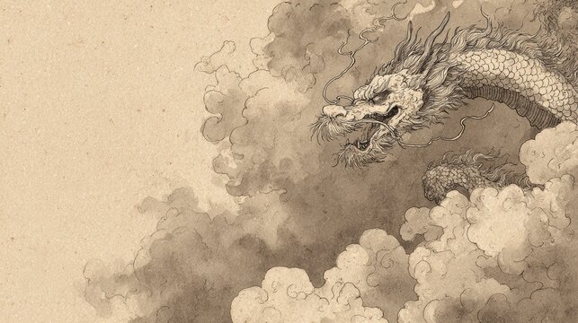 龍王と雲海、極細線の水墨画