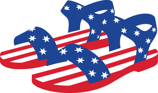 Pair of casual summer sandals adorned with American flag patterns including stars and red and white stripes are displayed flatly.