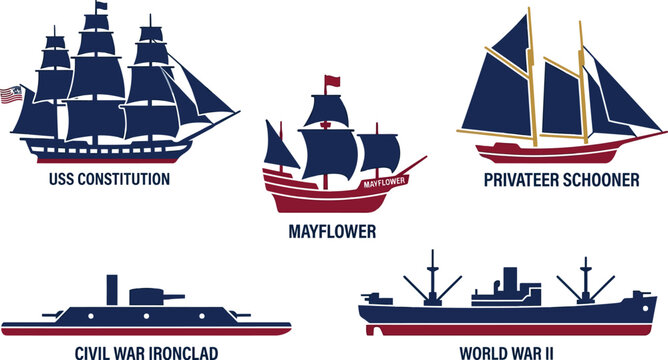 Five distinct historical and modern ship silhouettes are displayed in a row against a white background for maritime education.
