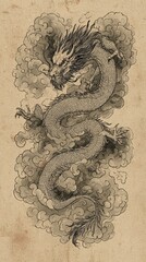 Fototapeta premium 龍王と雲海、極細線の水墨画
