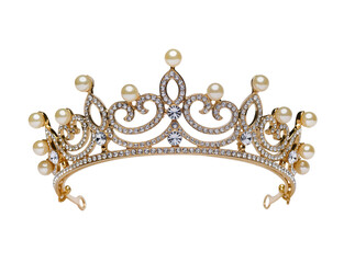 Isolated luxurious golden tiara adorned with sparkling diamonds and elegant pearls accessory. © Cian