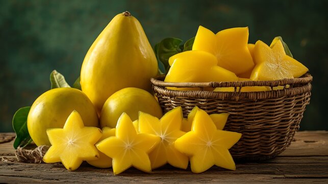 Group of ripe carambolas Averrhoa carambola with their starshaped slices arranged in a traditional wicker basket on a wooden table