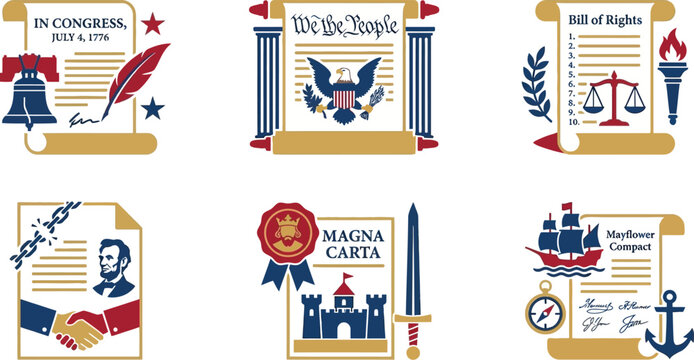 Collection of stylized icons representing foundational American historical documents and legal concepts are arranged for patriotic display.
