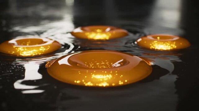 Central golden droplet starting expanding, pushing ripples across black plate for science demo