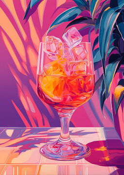 Vibrant Tropical Summer Cocktail in Artistic Glassware with Colorful Shadows &ndash; A Refreshing Ice-Cube Beverage for a Creative Home Bar Party Vibe