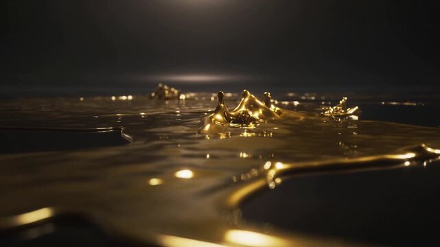 Moving camera forward, gold liquid forming peaks on black plane, showing soft overhead reflections