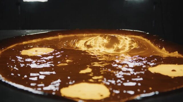 Molten pool in industrial foundry developing central dome after hotspot forming, creating ripples
