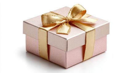 Obraz premium Elegant pink gift box with shimmering gold ribbon and bow on a white background