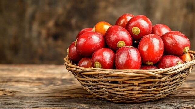 Group of ripe jujubes Ziziphus jujuba with their shiny red skin arranged in a traditional wicker basket on a wooden table
