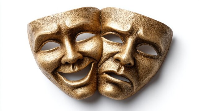 Golden theater masks representing comedy and tragedy stand against a white background