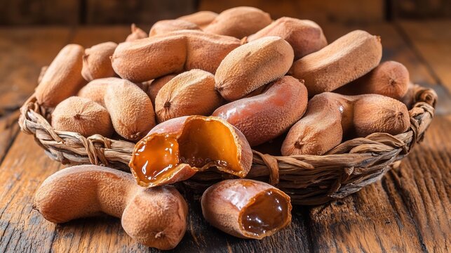 Group of ripe tamarinds Tamarindus indica with their brown pods arranged in a rustic basket on a wooden table with some cracked open to reveal the sticky brown pulp inside