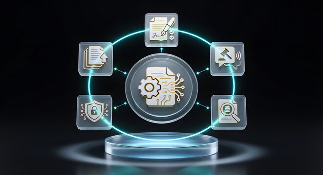 smart legal contract and digital document automation concept with gear icon on glass podium surrounded by electronic signature search security and law auction gavel symbols