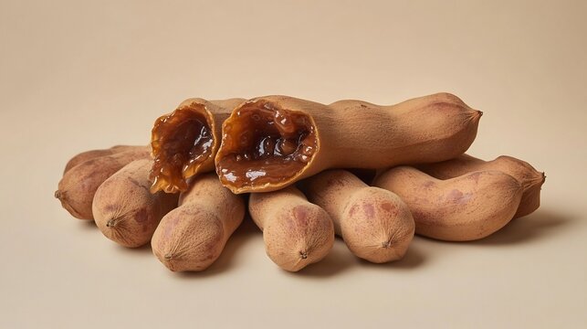 Group of tamarinds Tamarindus indica with their brown pods cracked open showing the sticky brown pulp inside placed on a minimalist beige background