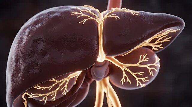 3D Rendering of the Human Liver with Bile Ducts and Blood Vessels Illuminated