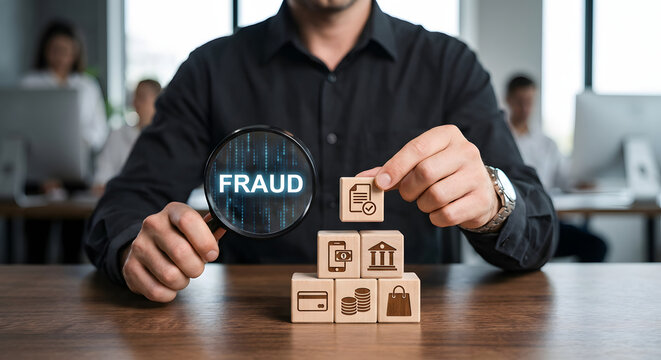 fraud prevention and anti money laundering concept with businessman holding magnifying glass over fraud text while stacking wooden blocks with banking and financial security icons
