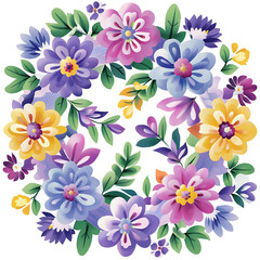 Fototapeta premium Floral Wreath Botanical Design: Hand-Painted Flowers in Vibrant Colors with Lavender Petals, Pastel Hues, and Rustic Charm