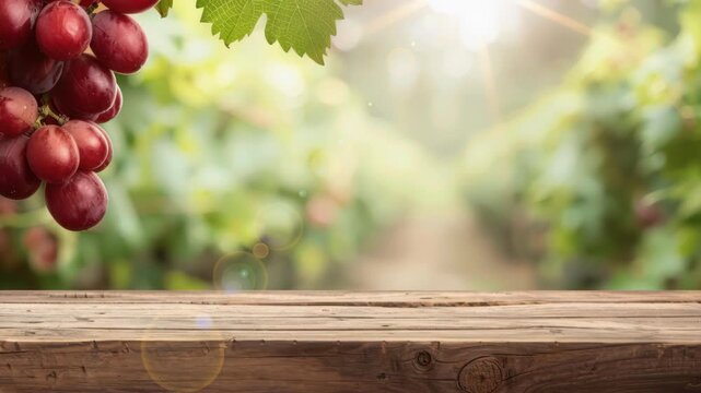 Vineyard Table and Grapes: A luscious bunch of ripe red grapes hangs over a weathered wooden table, with the soft, diffused light of the vineyard creating a backdrop of natural beauty.