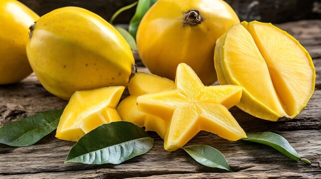 Freshly picked carambolas Averrhoa carambola their bright yellow starshaped slices arranged on a rustic wooden table with some leaves scattered around