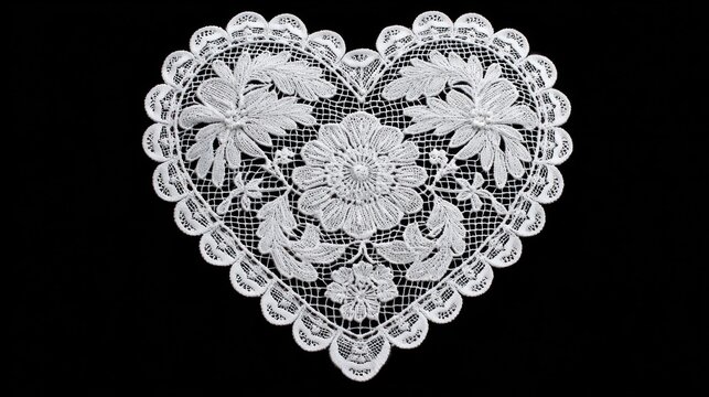 Intricate white lace heart doily with floral patterns on a black background