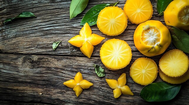 Freshly picked carambolas Averrhoa carambola their bright yellow starshaped slices arranged on a rustic wooden table with some leaves scattered around