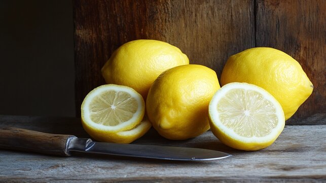 Freshly picked lemons Citrus limon placed a wooden counter with a knife next to them ready to be sliced The vibrant yellow skin stands out against the rustic background