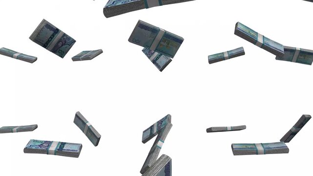 Turkmenistan Money, Turkmen Manat Banknotes Falling, TMT Currency Stacks, White Background, 4K