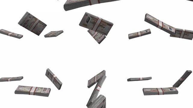 UAE Money, United Arab Emirates Dirham Banknotes Falling, AED Currency Stacks, White Background, 4K