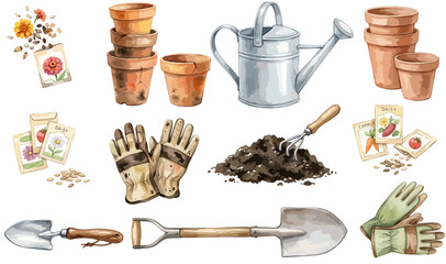 Clipart collection of vector gardening elements: terracotta pots, metal watering can, seeds, gloves, soil and hand tools, in watercolor style, isolated, no background. © Arlen