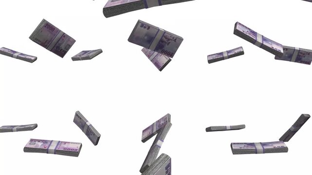Taiwan Money, New Taiwan Dollar Banknotes Falling, TWD Currency Stacks, White Background, 4K