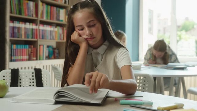 Bored Caucasian little girl child reading book in school library tired pupil feeling frustrated lesson sleepy kid schoolgirl student teenager lack motivation study education concentrating difficulty