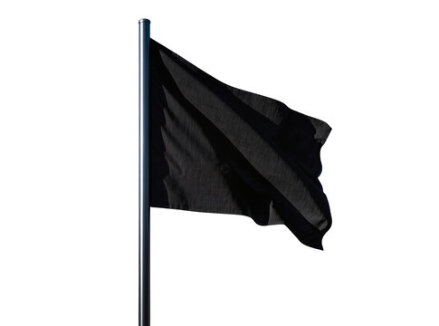 Isolated plain black flag on a metallic flagpole gently waving and flowing in the breeze